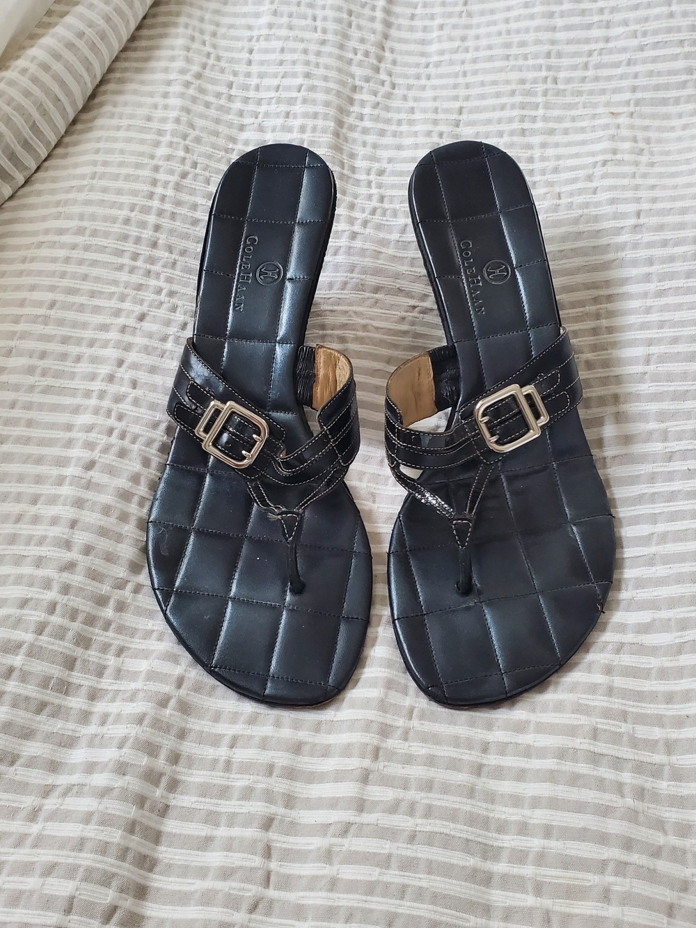 Cole Haan Black Quilted Thong Sandals with Gold Buckle